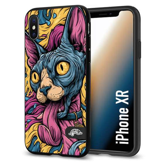 CUSTOMIZZA - Custodia cover nera morbida in tpu compatibile per iPhone XR Sphynx Colorato Pop Art Psichedelico Gatto Blu Rosa Giallo Artistica Fantasy