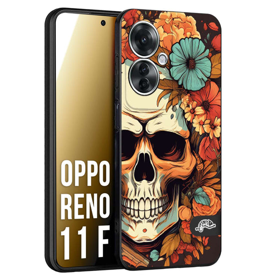 CUSTOMIZZA - Custodia cover nera morbida in tpu compatibile per Oppo Reno 11 F 5G teschio skull flowers fiori autunnali arancio celeste tattoo