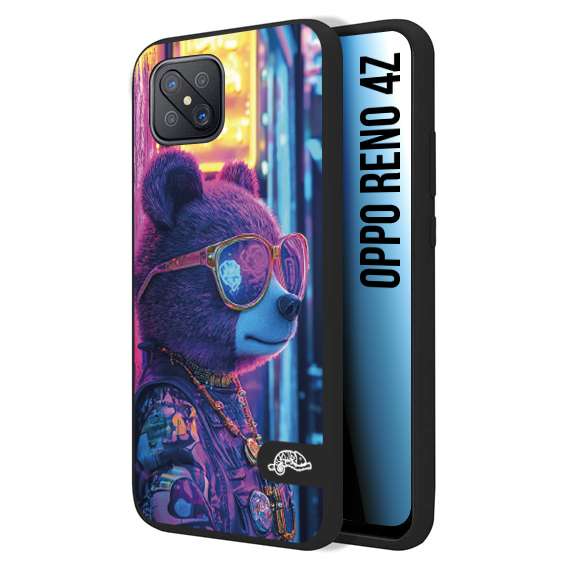 CUSTOMIZZA - Custodia cover nera morbida in tpu compatibile per Oppo Reno 4Z animali cyberpunk orsetto orso street bear fucsia blu night