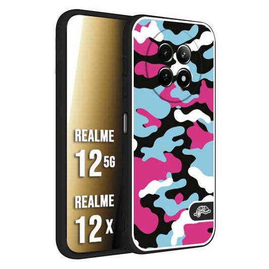 CUSTOMIZZA - Custodia cover nera morbida in tpu compatibile per Realme 12 5G - 12X camouflage mimetico militare fucsia celeste