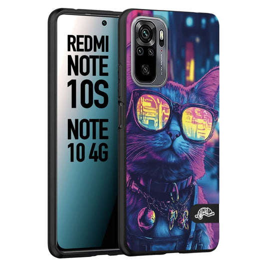 CUSTOMIZZA - Custodia cover nera morbida in tpu compatibile per Xiaomi Redmi Note 10S animali cyberpunk gatto street cat fucsia blu giallo