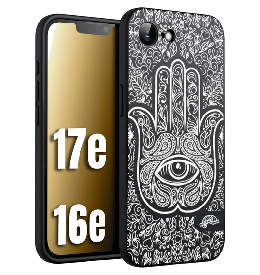 CUSTOMIZZA - Custodia cover nera morbida in tpu compatibile per iPhone 16E - 17E mano di fatima effetto rilievo mandala donna