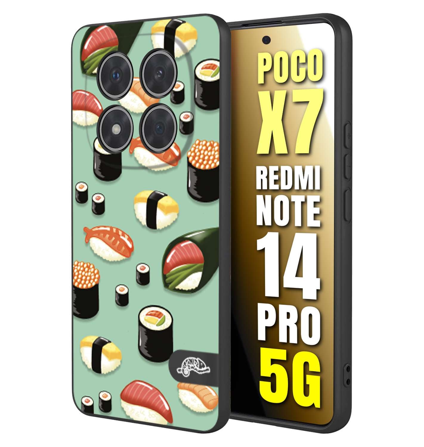 CUSTOMIZZA - Custodia cover nera morbida in tpu compatibile per Xiaomi Redmi Note 14 PRO 5G sushi disegni giapponese nighiri acquamarina verde