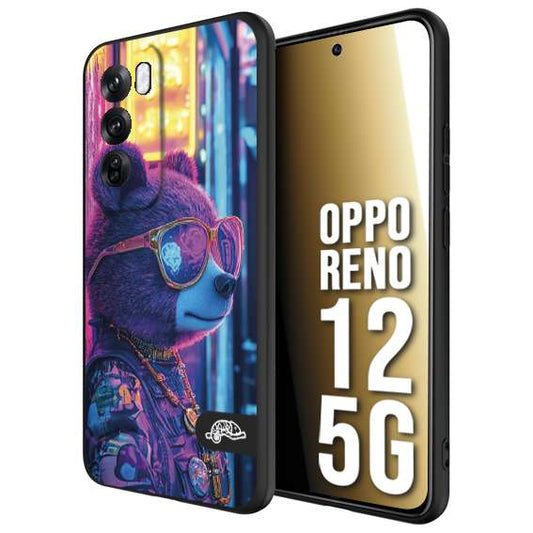 CUSTOMIZZA - Custodia cover nera morbida in tpu compatibile per Oppo Reno 12 5G animali cyberpunk orsetto orso street bear fucsia blu night