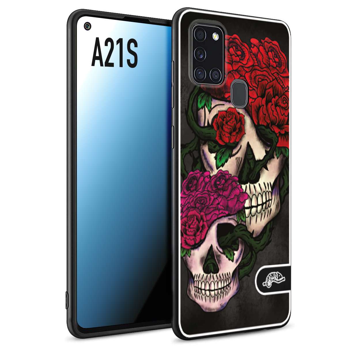 CUSTOMIZZA - Custodia cover nera morbida in tpu compatibile per Samsung A21S teschi e rose rosse fucsia skull and roses