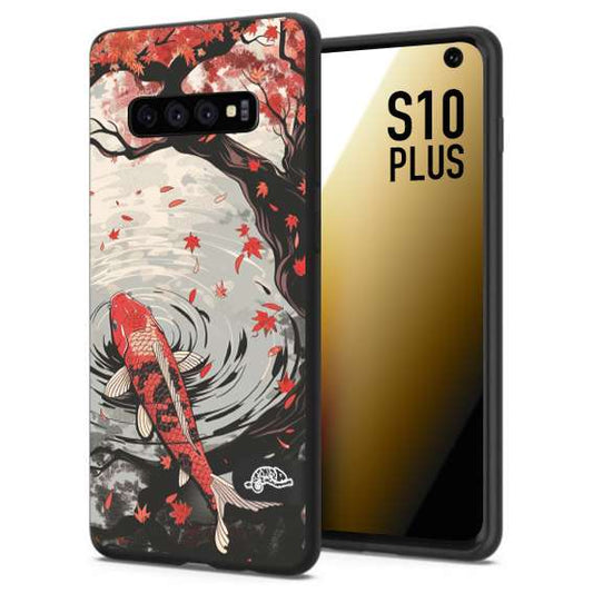 CUSTOMIZZA - Custodia cover nera morbida in tpu compatibile per Samsung S10 PLUS giapponese lago carpa koi rossa con foglie d'acero rosso disegnata tattoo