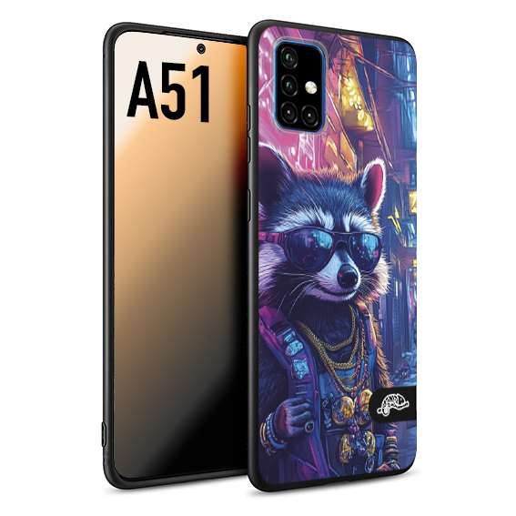 CUSTOMIZZA - Custodia cover nera morbida in tpu compatibile per Samsung A51 animali simpatici cyberpunk procione racoon street cat fucsia blu giallo