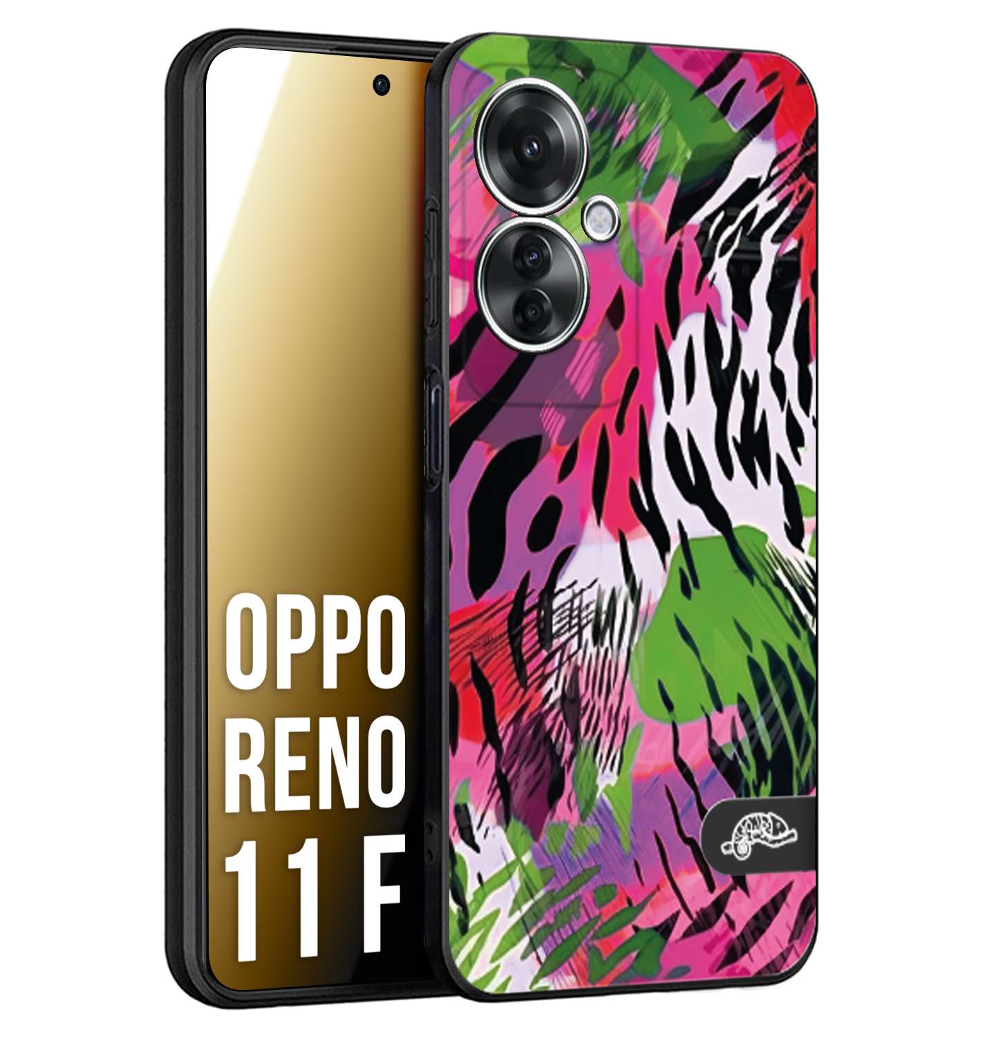 CUSTOMIZZA - Custodia cover nera morbida in tpu compatibile per Oppo Reno 11 F 5G leopardato tigrato tiger colorata summer color verde fucsia