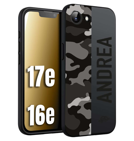CUSTOMIZZA - Custodia cover nera morbida in tpu compatibile per iPhone 16E - 17E camouflage mimetico militare personalizzata nome