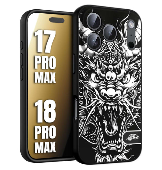 CUSTOMIZZA - Custodia cover nera morbida in tpu compatibile per iPhone 17 PRO MAX - 18 PRO MAX drago black and white bianco a rilievo disegnato tattoo tatuaggio