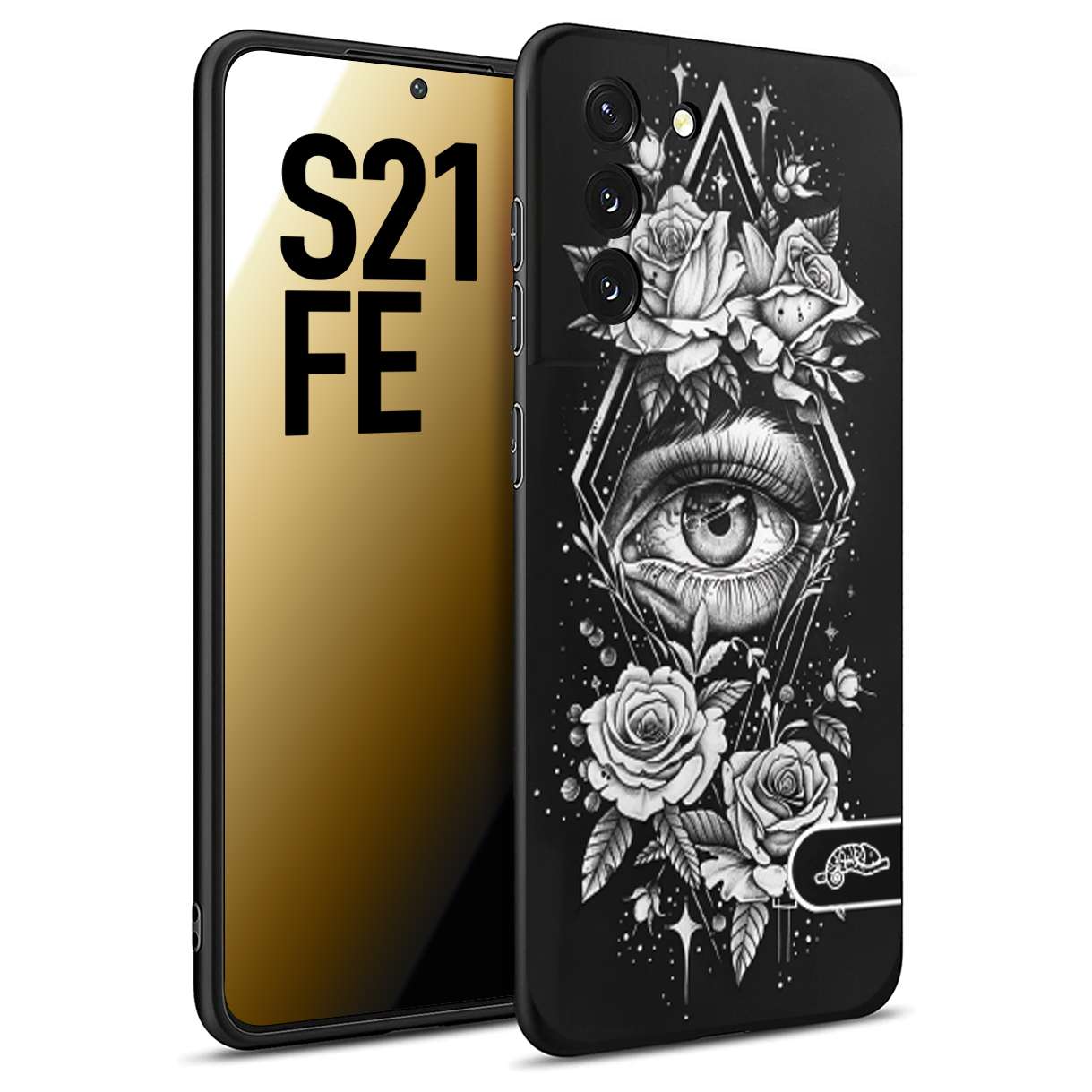 CUSTOMIZZA - Custodia cover nera morbida in tpu compatibile per Samsung S21 FE occhio fiori rombo geometrico black and white bianco a rilievo disegnato tattoo tatuaggio