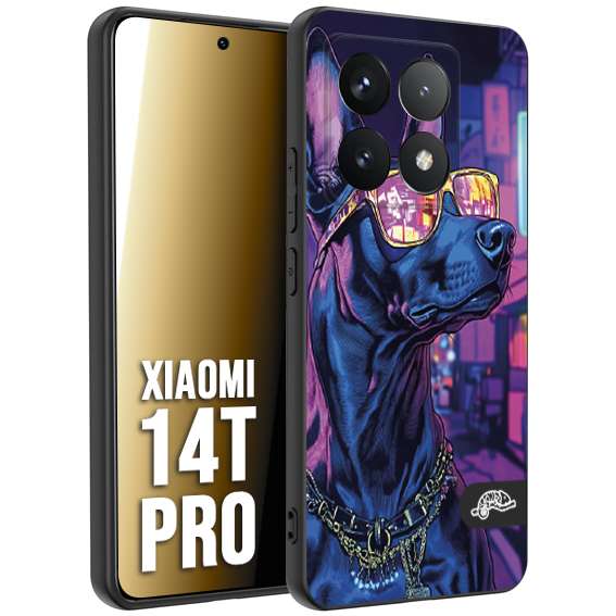 CUSTOMIZZA - Custodia cover nera morbida in tpu compatibile per Xiaomi 14T PRO animali cyberpunk dobermann cane street dog fucsia blu night