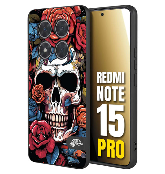 CUSTOMIZZA - Custodia cover nera morbida in tpu compatibile per Xiaomi Redmi Note 15 PRO teschio skull flowers fiori rose rosse tattoo disegnato