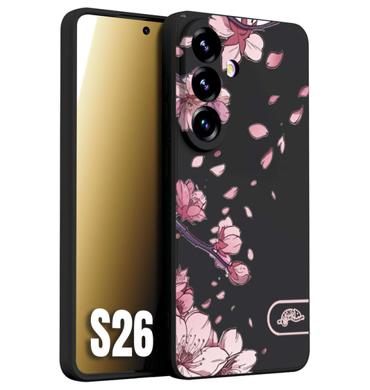 CUSTOMIZZA - Custodia cover nera morbida in tpu compatibile per Samsung S26 giapponese fiori di ciliegio in fiore a rilievo disegnata tattoo