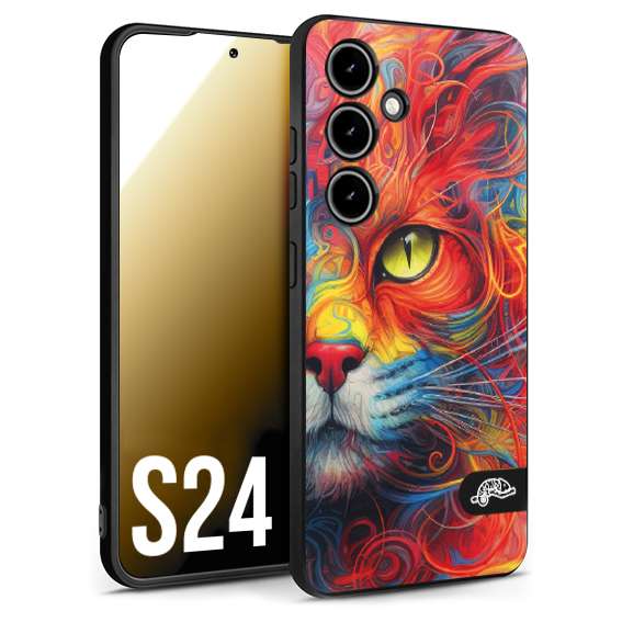 CUSTOMIZZA - Custodia cover nera morbida in tpu compatibile per Samsung S24 animali color cat gatto viso colori vibranti disegnato schizzo