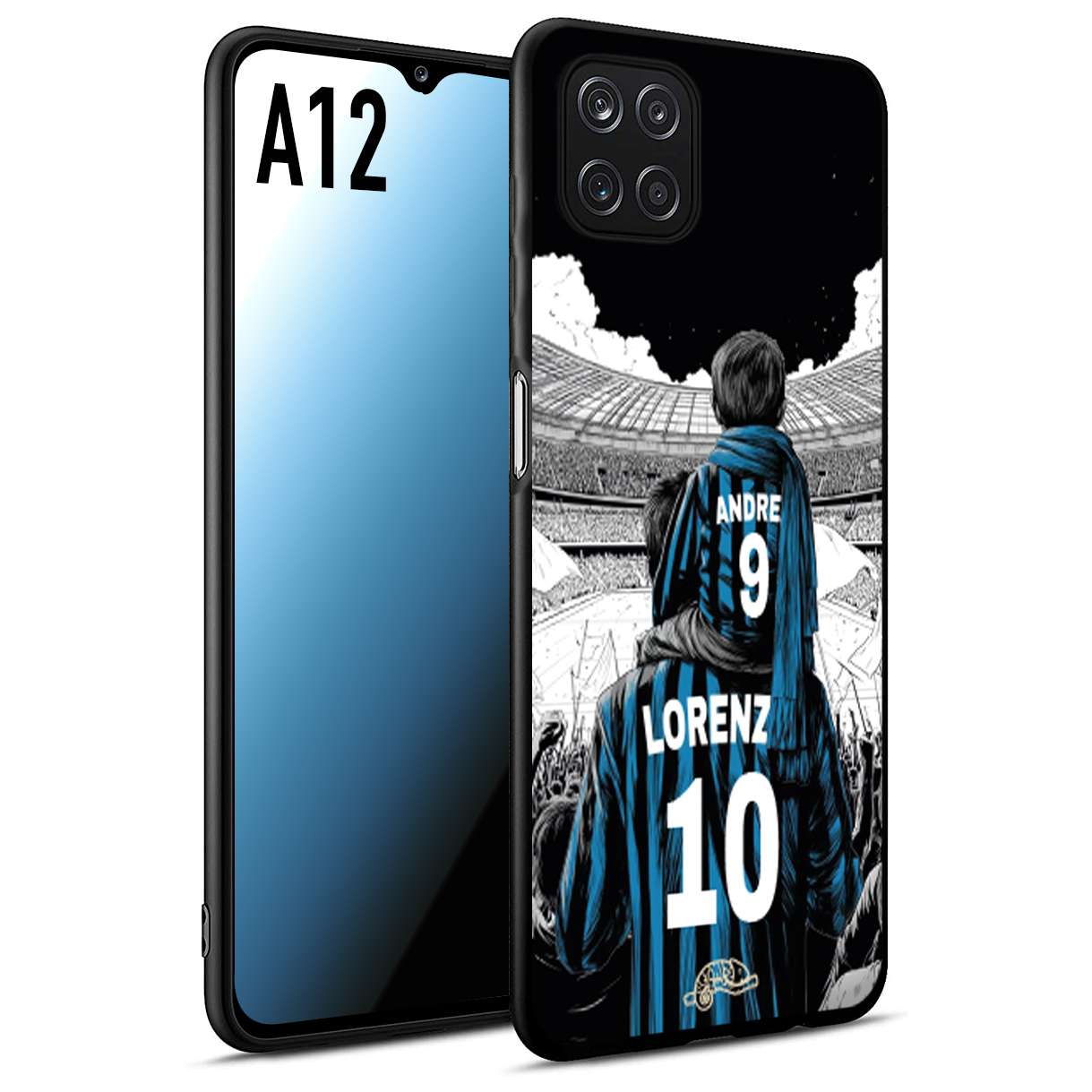 CUSTOMIZZA - Custodia cover nera morbida in tpu compatibile per Samsung A12 personalizzata calcio football padre e figlio calciatori nerazzurra