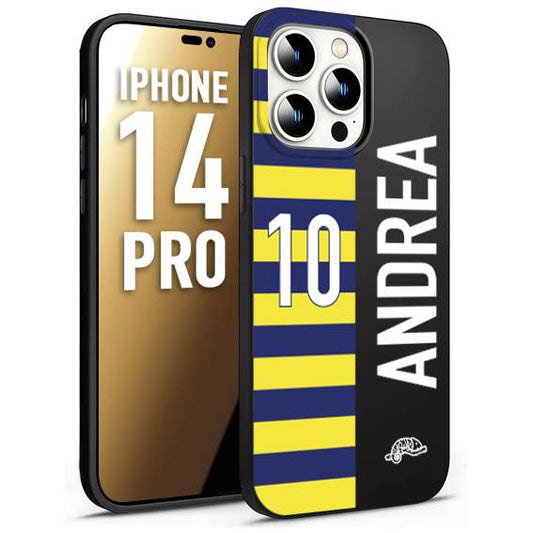 CUSTOMIZZA - Custodia cover nera morbida in tpu compatibile per iPhone 14 PRO personalizzata calcio football nome e numero calciatori giallo blu