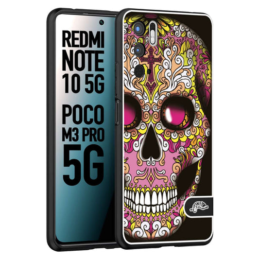 CUSTOMIZZA - Custodia cover nera morbida in tpu compatibile per Xiaomi Redmi Note 10 5G - Poco M3 Pro 5G teschio messicano Mexican skull rosa gialla