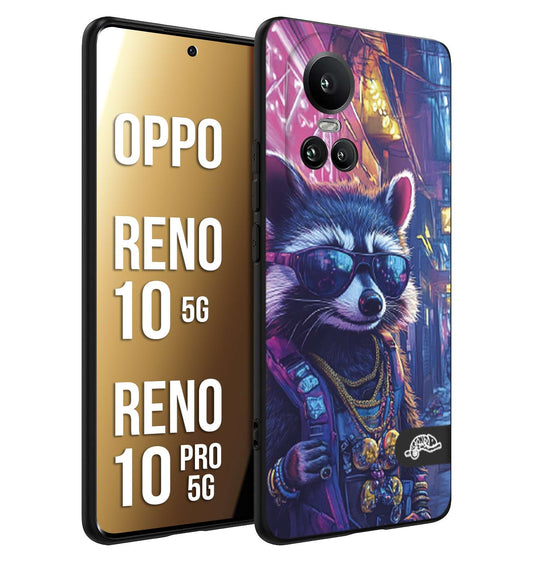CUSTOMIZZA - Custodia cover nera morbida in tpu compatibile per Oppo Reno 10 5G - 10 PRO 5G animali simpatici cyberpunk procione racoon street cat fucsia blu giallo