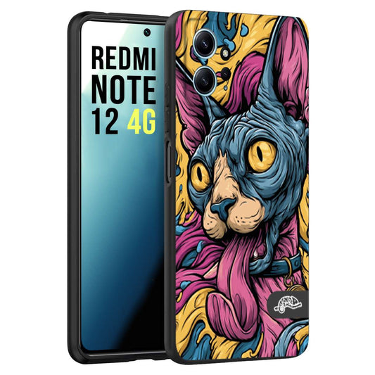CUSTOMIZZA - Custodia cover nera morbida in tpu compatibile per Xiaomi Redmi Note 12 4G Sphynx Colorato Pop Art Psichedelico Gatto Blu Rosa Giallo Artistica Fantasy
