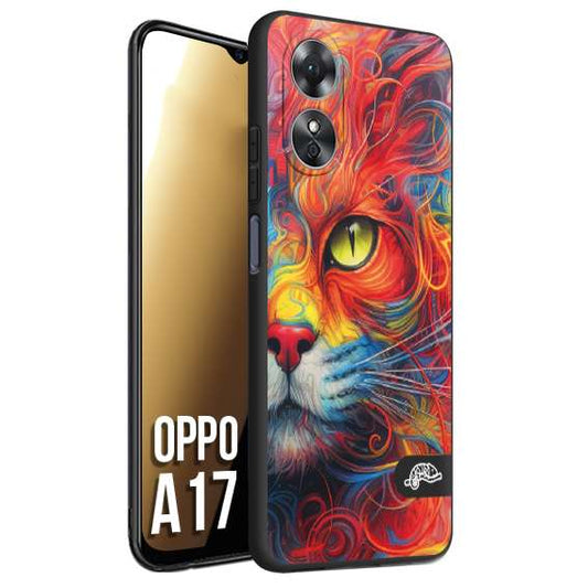 CUSTOMIZZA - Custodia cover nera morbida in tpu compatibile per Oppo A17 animali color cat gatto viso colori vibranti disegnato schizzo