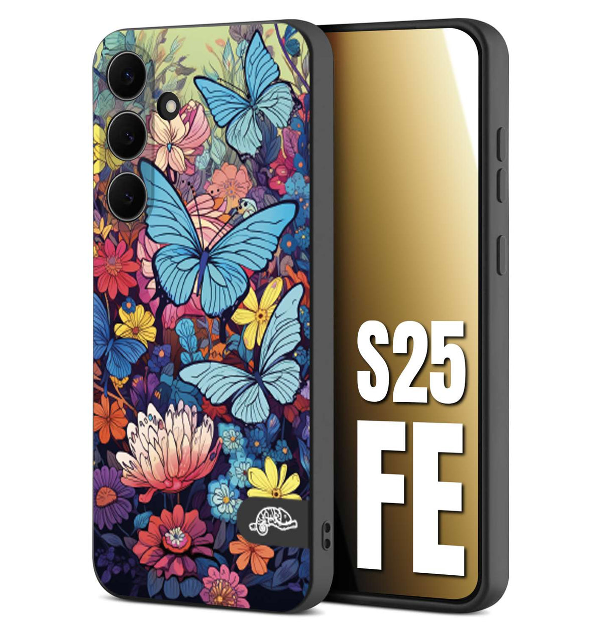 CUSTOMIZZA - Custodia cover nera morbida in tpu compatibile per Samsung S25 FE farfalle butterfly moderno donna disegnate gialla blu rosa