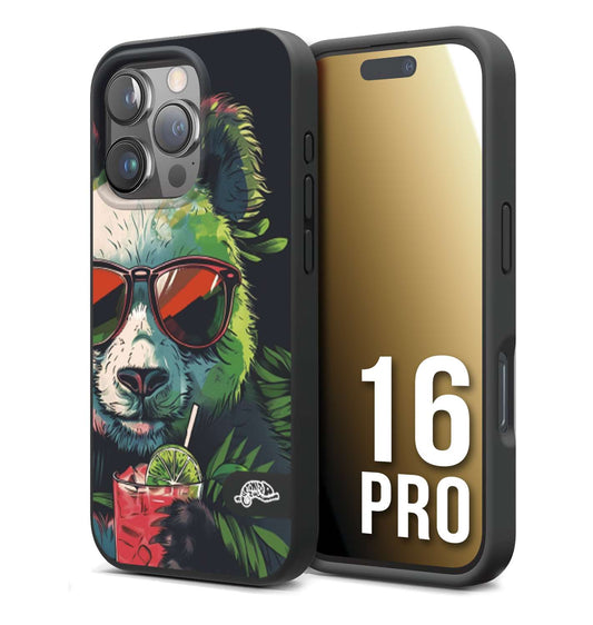 CUSTOMIZZA - Custodia cover nera morbida in tpu compatibile per iPhone 16 PRO estate disegnata cocktails animali simpatici panda mojito