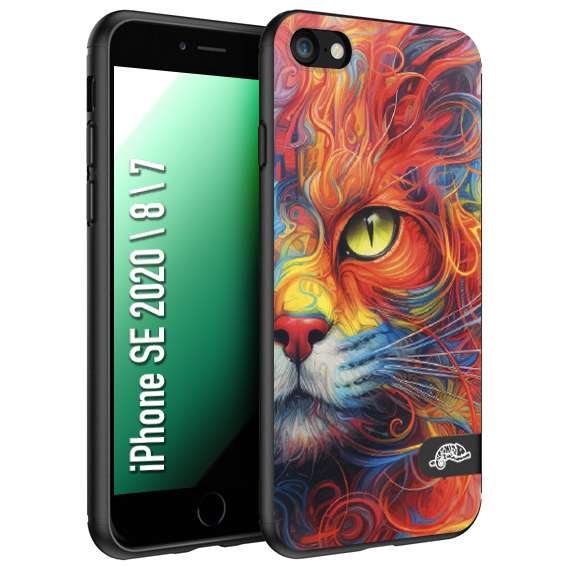 CUSTOMIZZA - Custodia cover nera morbida in tpu compatibile per iPhone 7 - 8 - SE 2020 / 2022 animali color cat gatto viso colori vibranti disegnato schizzo