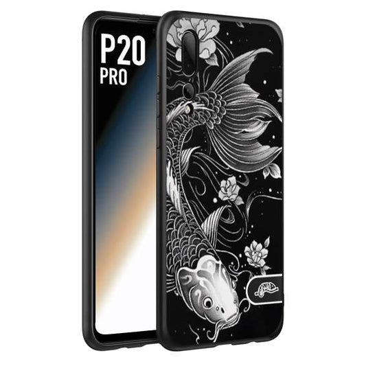 CUSTOMIZZA - Custodia cover nera morbida in tpu compatibile per Huawei P20 PRO carpa koi black and white bianco a rilievo disegnato tattoo tatuaggio