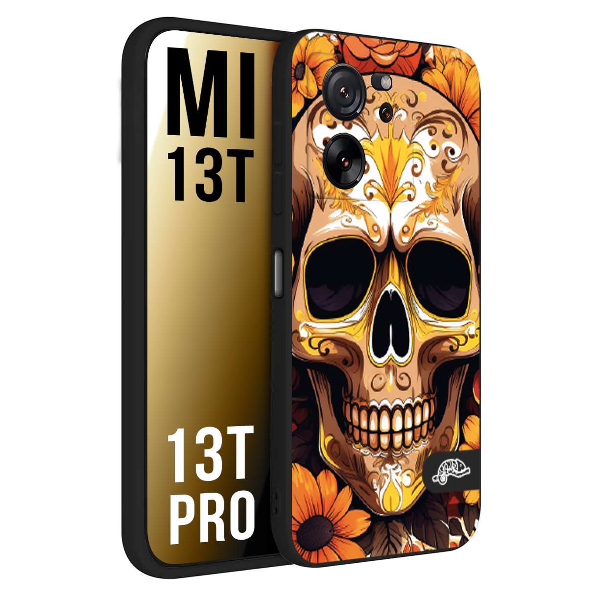 CUSTOMIZZA - Custodia cover nera morbida in tpu compatibile per Xiaomi 13T - 13T PRO teschio messicano colorato dorato fiori tattoo disegnato