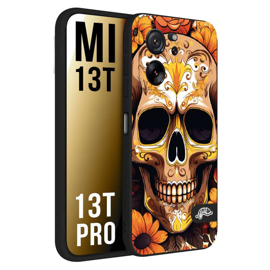 CUSTOMIZZA - Custodia cover nera morbida in tpu compatibile per Xiaomi 13T - 13T PRO teschio messicano colorato dorato fiori tattoo disegnato