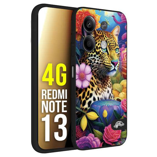 CUSTOMIZZA - Custodia cover nera morbida in tpu compatibile per Xiaomi Redmi Note 13 4G astratti donna flower fantasia leopardo ghepardo animali colorati