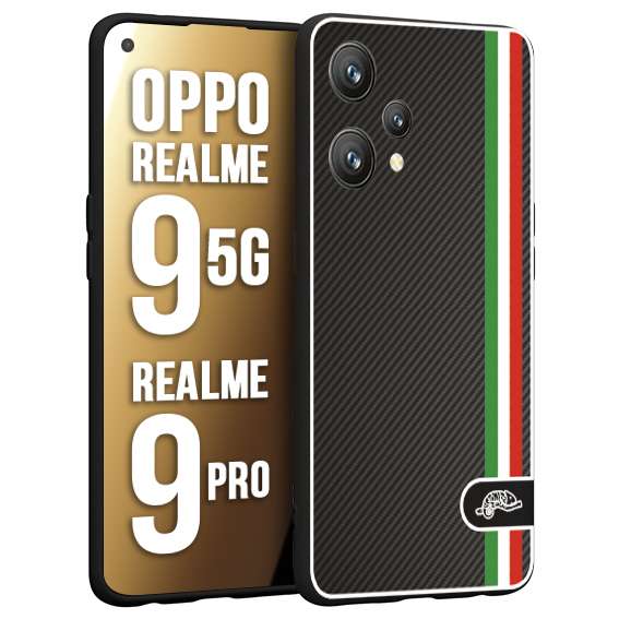 CUSTOMIZZA - Custodia cover nera morbida in tpu compatibile per Realme 9 5G - 9 PRO effetto fibra di carbonio bandiera Italia made in Italy