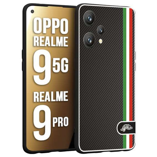 CUSTOMIZZA - Custodia cover nera morbida in tpu compatibile per Realme 9 5G - 9 PRO effetto fibra di carbonio bandiera Italia made in Italy