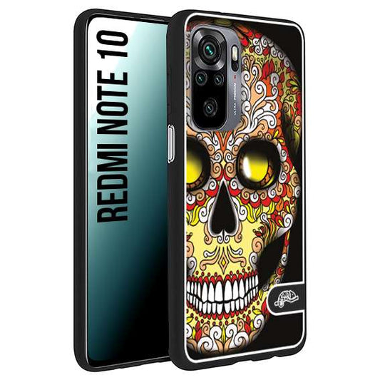 CUSTOMIZZA - Custodia cover nera morbida in tpu compatibile per Xiaomi Redmi Note 10 teschio messicano Mexican skull giallo rosso arancio