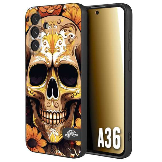 CUSTOMIZZA - Custodia cover nera morbida in tpu compatibile per Samsung A36 teschio messicano colorato dorato fiori tattoo disegnato