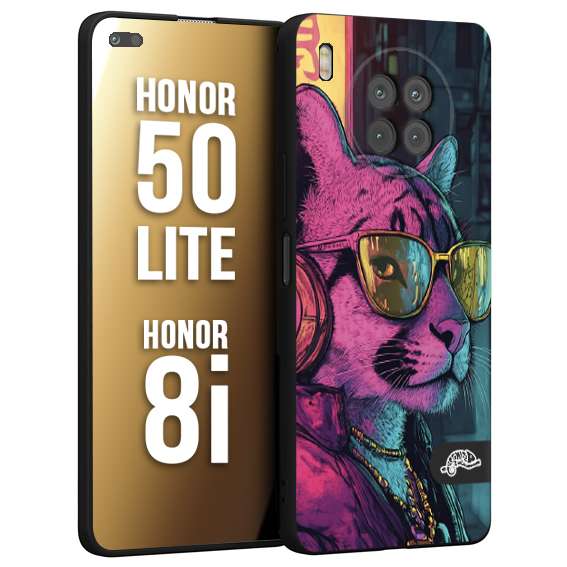 CUSTOMIZZA - Custodia cover nera morbida in tpu compatibile per Honor 8i - Honor 50 LITE animali cyberpunk pantera street cat fucsia blu giallo