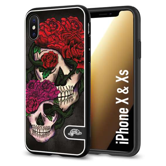 CUSTOMIZZA - Custodia cover nera morbida in tpu compatibile per iPhone X - Xs teschi e rose rosse fucsia skull and roses