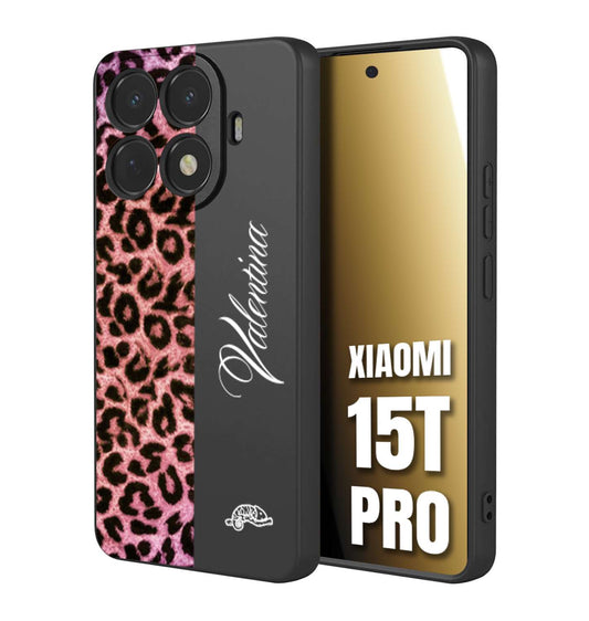 CUSTOMIZZA - Custodia cover nera morbida in tpu compatibile per Xiaomi 15T PRO leopardato rosa fucsia personalizzata nome iniziali