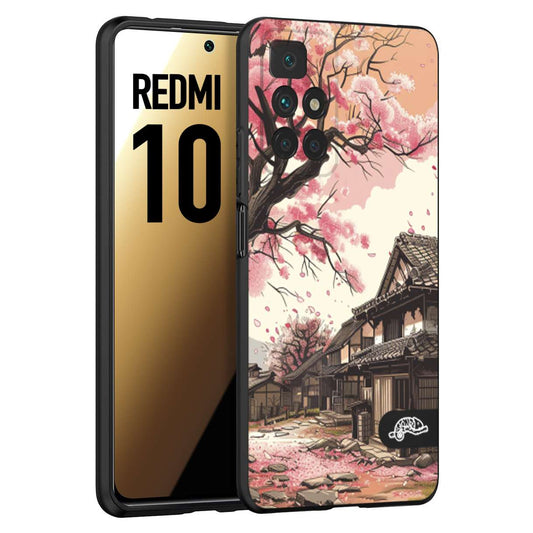 CUSTOMIZZA - Custodia cover nera morbida in tpu compatibile per Xiaomi Redmi 10 casa giapponese rosa ciliegio in fiore disegnata tattoo