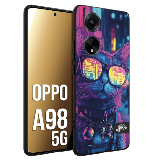 CUSTOMIZZA - Custodia cover nera morbida in tpu compatibile per Oppo A98 5G animali cyberpunk gatto street cat fucsia blu giallo