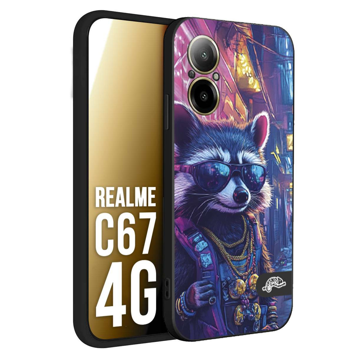 CUSTOMIZZA - Custodia cover nera morbida in tpu compatibile per Realme C67 4G animali simpatici cyberpunk procione racoon street cat fucsia blu giallo