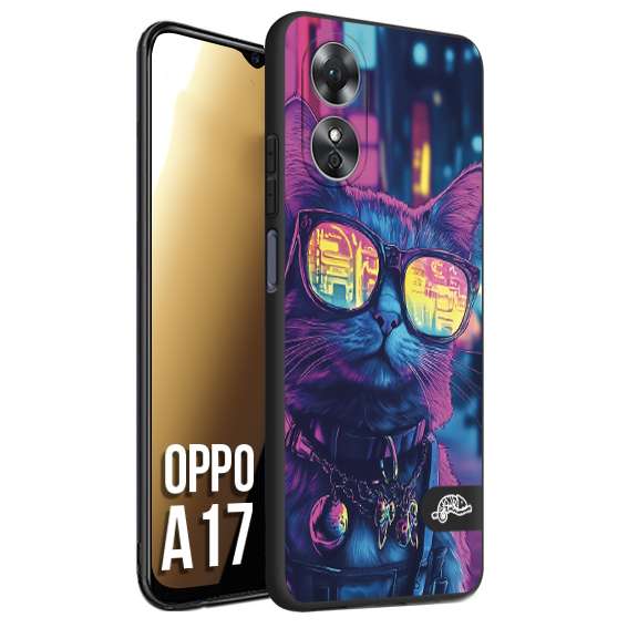 CUSTOMIZZA - Custodia cover nera morbida in tpu compatibile per Oppo A17 animali cyberpunk gatto street cat fucsia blu giallo