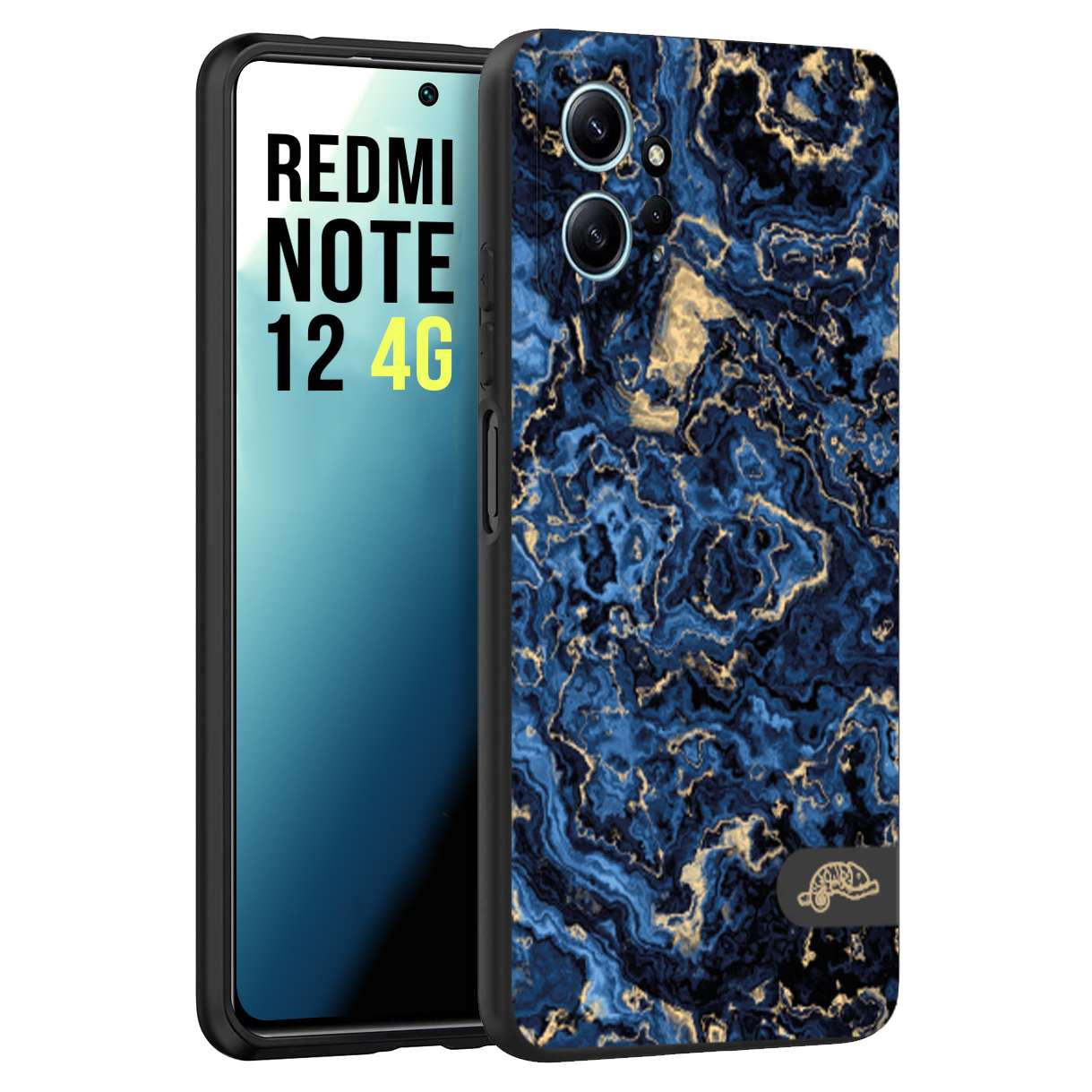 CUSTOMIZZA - Custodia cover nera morbida in tpu compatibile per Xiaomi Redmi Note 12 4G effetto marmo marble blu venature dorato psichedelico
