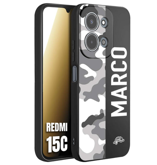 CUSTOMIZZA - Custodia cover nera morbida in tpu compatibile per Xiaomi Redmi 15C camouflage mimetico militare personalizzata nome bianco