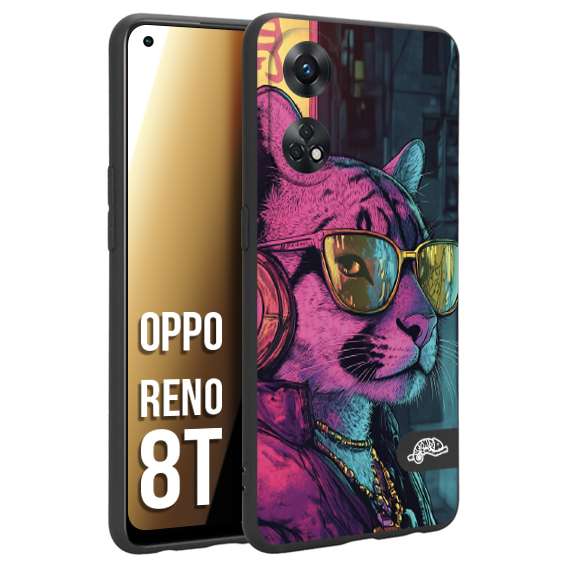 CUSTOMIZZA - Custodia cover nera morbida in tpu compatibile per Oppo Reno 8T animali cyberpunk pantera street cat fucsia blu giallo