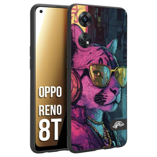 CUSTOMIZZA - Custodia cover nera morbida in tpu compatibile per Oppo Reno 8T animali cyberpunk pantera street cat fucsia blu giallo