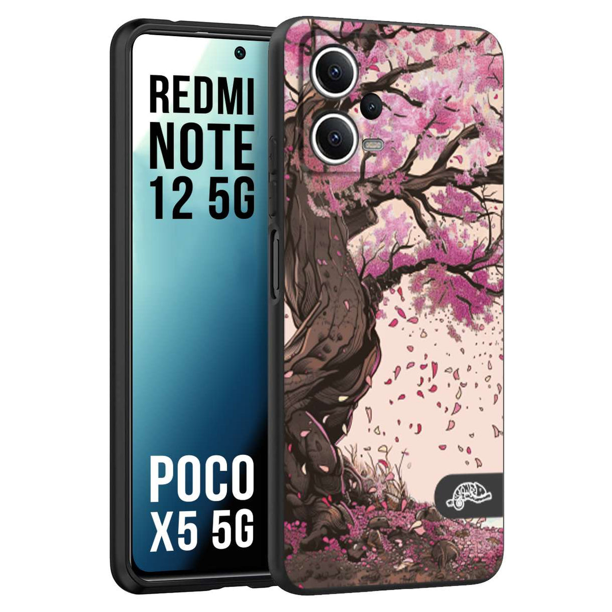 CUSTOMIZZA - Custodia cover nera morbida in tpu compatibile per Xiaomi Redmi Note 12 5G - POCO X5 5G giapponese colori morbidi fiori di ciliegio rosa disegnata