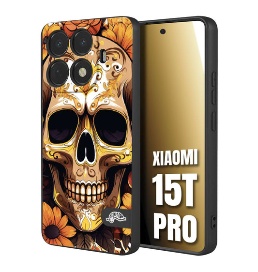 CUSTOMIZZA - Custodia cover nera morbida in tpu compatibile per Xiaomi 15T PRO teschio messicano colorato dorato fiori tattoo disegnato