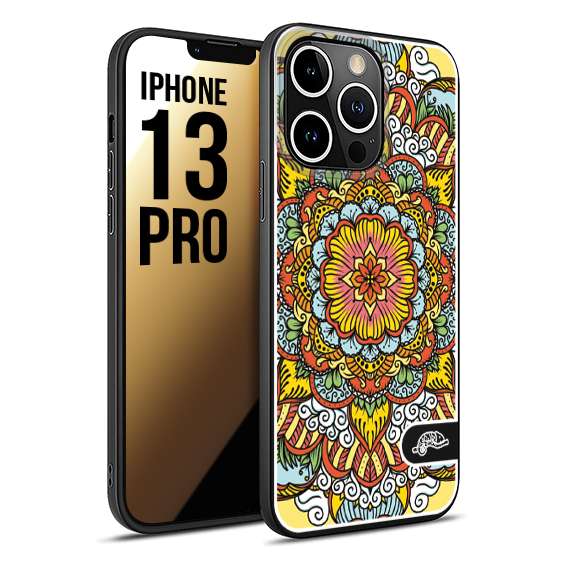 CUSTOMIZZA - Custodia cover nera morbida in tpu compatibile per iPhone 13 PRO mandala colorato fiore nuvole arancione